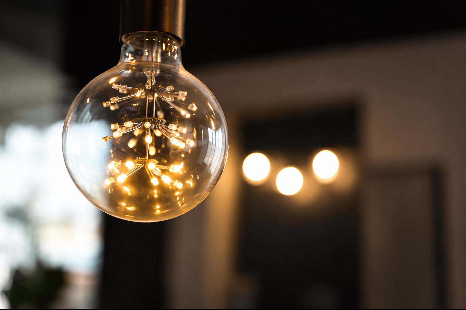 Une ampoule globe en verre transparent à petites LED suspendue devant un arrière-plan sombre et flou avec des lumières chaudes.